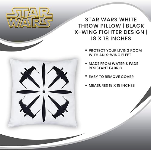 Miniatura 6 de Star Wars - Almohada blanca | Diseño de racimo de caza X-Wing negro | Tela resistente al agua y a la decoloración para uso en interiores y