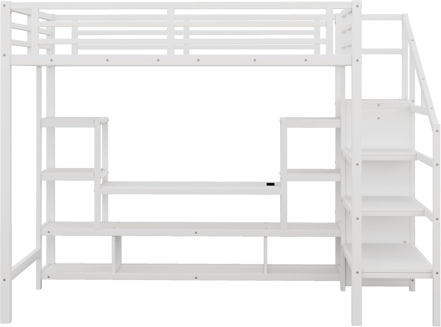 Full Size Loft Bed with Storage & Stairs, Metal Loft Bedframe with TV Stand, Wardrobe, LED Lights,Charg Hub, Versatile High Lofts Bed for Kids Teens Adults, Space Saving,White