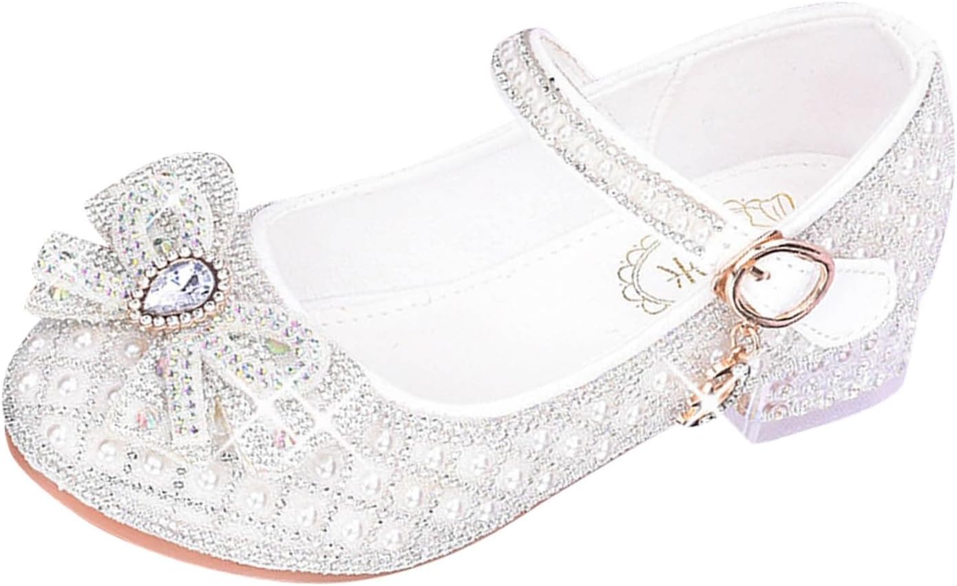 Girls Dress Shoes Sparkly Bowknot Mary Jane Princess Shoes with Pearl Strap for Wedding Party Trendy Soft Shoe with Heel
