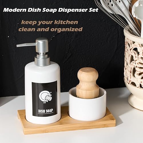 Miniatura 2 de Juego de dispensador de jabón de cocina negro, 4 dispensadores de jabón para platos de cocina con bandeja de bambú y cepillo natural para platos,