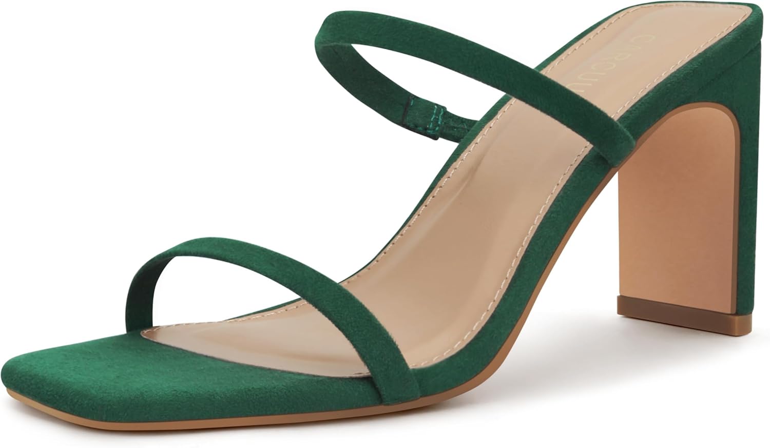 Carcuume Women's Square Toe Two Strap Open Toe Block Heels Sandals Slip On Shoes,Green Su1,8.5