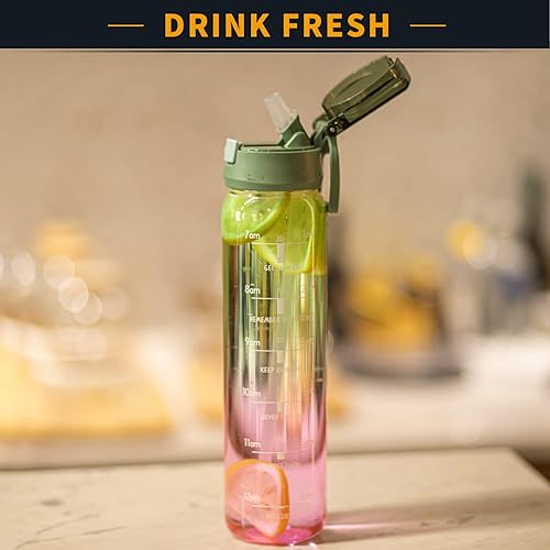 Miniatura 2 de SHBRIFA Botella de agua deportiva de vidrio de 32 onzas con popote y marcador de tiempo motivacional con funda de neopreno verde  rosa