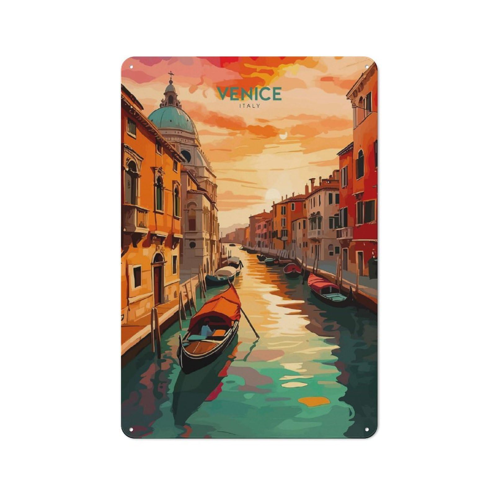 Classic Venice Canal Sunset Travel Metal Wall Plaque 30x20cm, Retro Room Decor for Bedroom, Office, Home Bar Or Dining Room