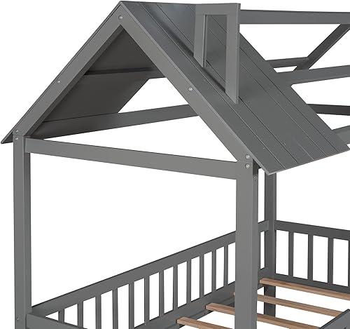 Miniatura 6 de Merax Cama de madera de tamaño individual con valla, techo, barandillas para niñas, niños, marco de cama de casa se puede decorar (gris)