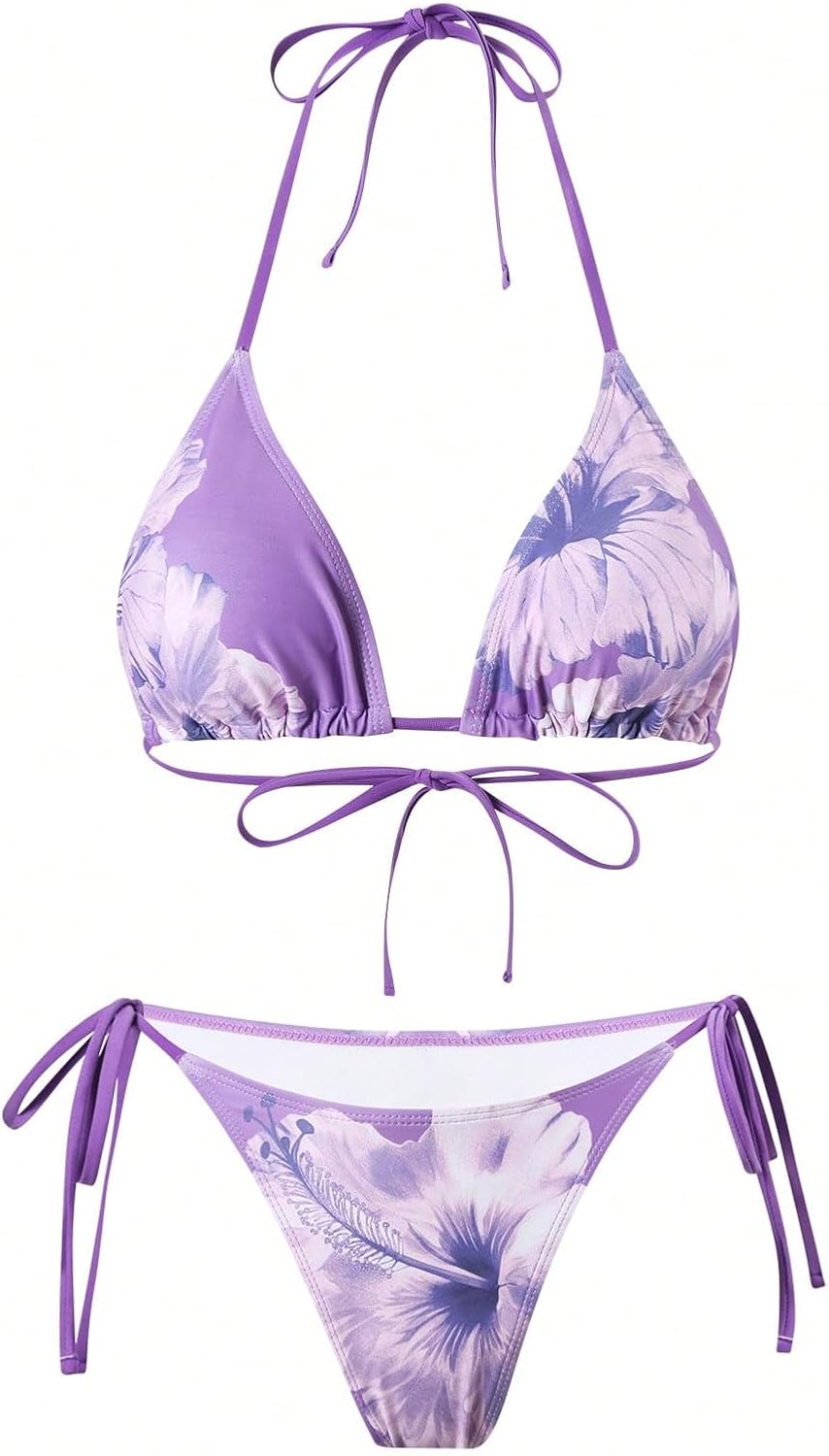 SISKIN 3 Piece Swimsuits for Women Beach Coverup Hawaiian Swimsuits for Women Floral Halter Tie Bikini