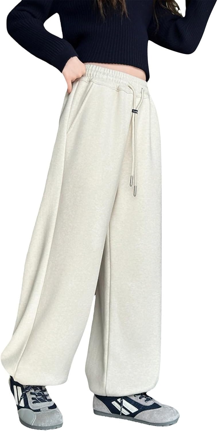 Teen Girls Fleece Lined Sweatpants Kids Baggy Straight Wide Leg Pants Youth Winter Warm Trousers High Waist Sportswear