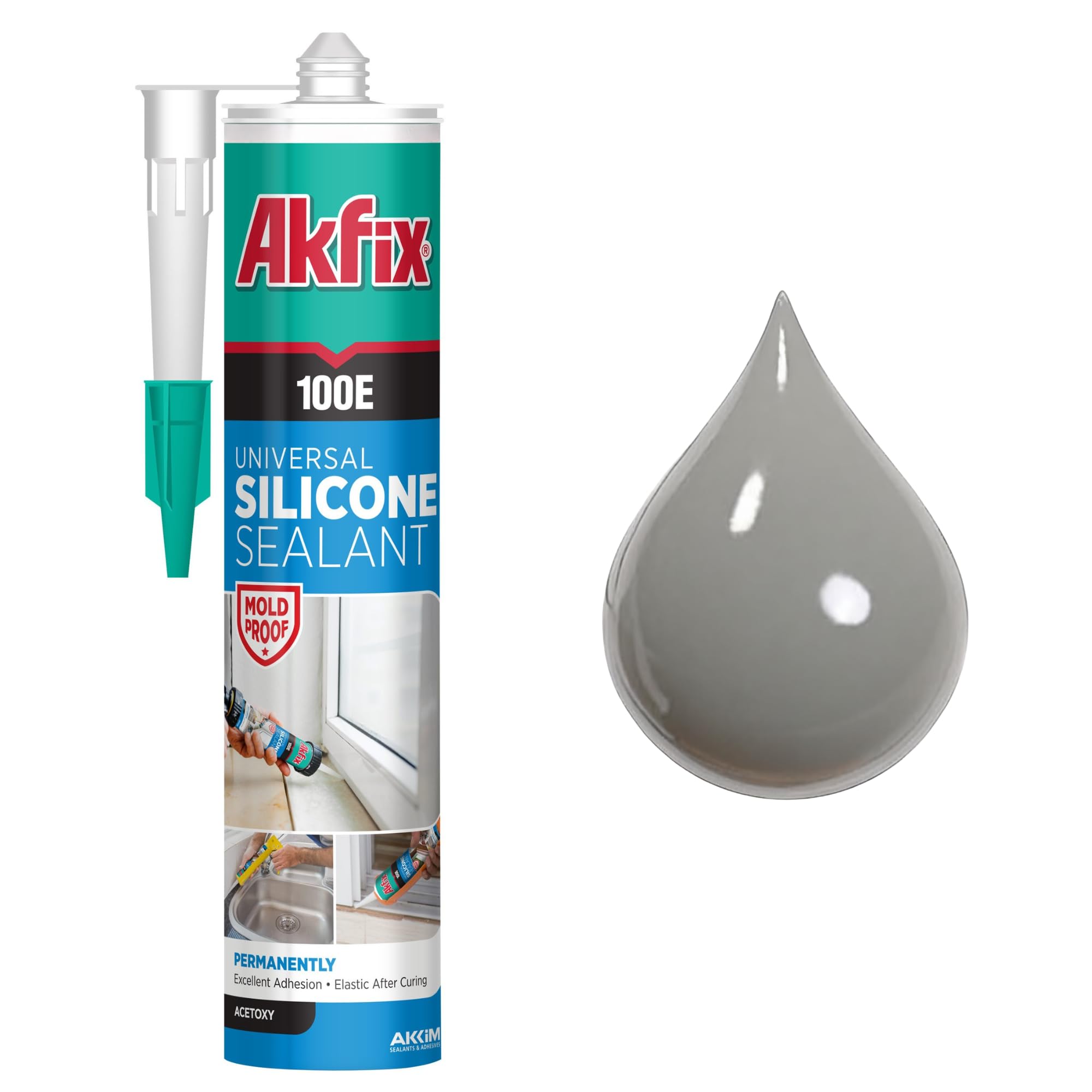 Akfix 100E RTV Gray Silicone Caulk (1x10.1 fl.oz.) - 100% Waterproof Silicone Sealant for Kitchen and Bathroom, Shower, Bathtub, Toilet, Sink, Window and Door, No Discoloring | Grey, 1 Pack