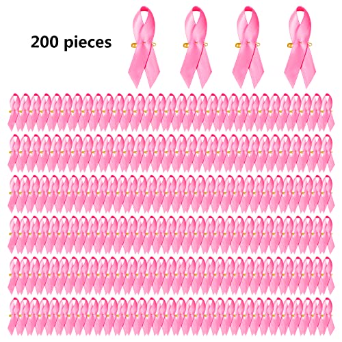 Image of 200 Pieces Breast Cancer Awareness Accessories Bulk Items Pink Satin Awareness Ribbons with Safety Pins 1.4 x 3 inch
