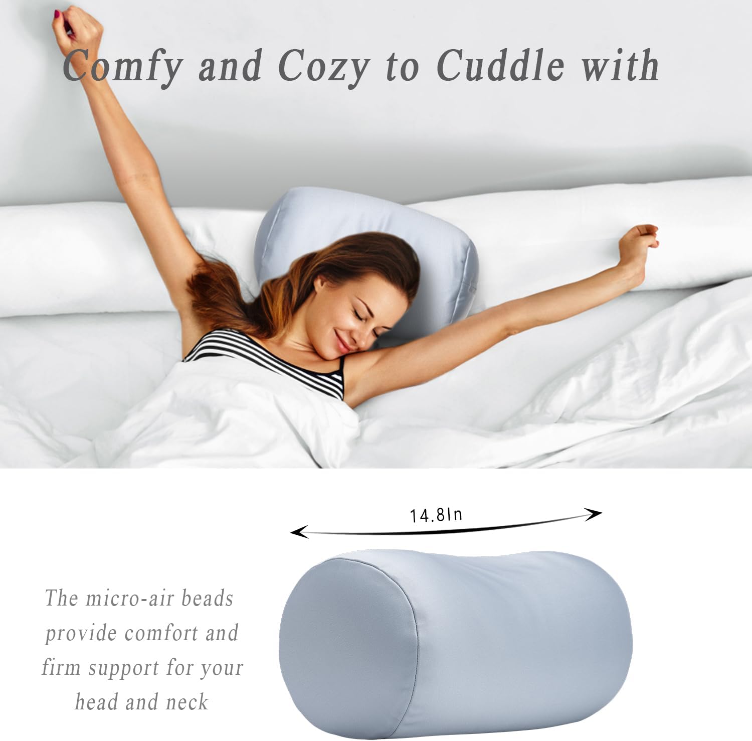 Microbead Neck Body Pillow Tube Microbead Bolster Bean Smooth Cool Pillow Neck Cervical Roll Pillow for Sleeping 7 x 12Inch Throw Travel Pillow (Pearl Grey)