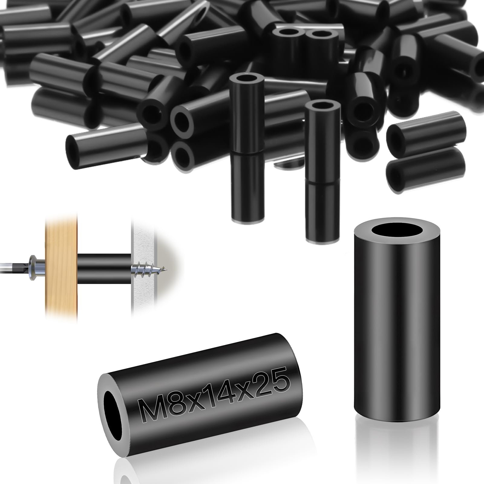 mawmuaw Nylon Spacers ABS Round Washers 50 Pcs Plastic Spacers M8 Non Threaded Insulation Column Standoff Support Washers 14x25 mm Black for M8 Screws โ image 1