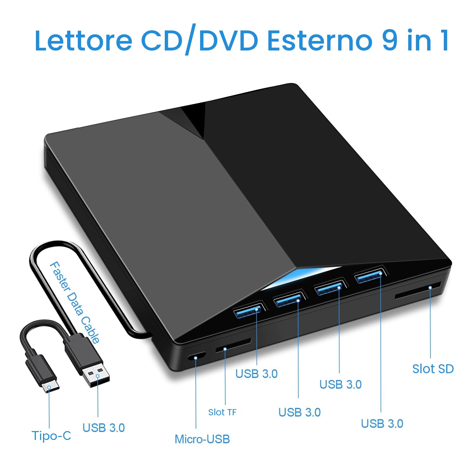 Lettore CD/DVD Esterno USB 3.0 Masterizzatore Portatile con 4 Porte USB e Lettore di Schede TF/SD per Laptop/Desktop