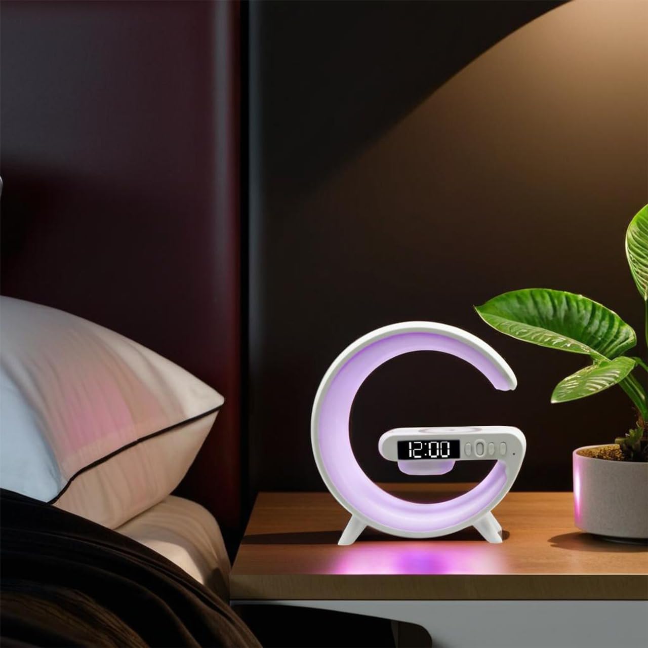 OrionMart Alarm Clock G Shaped Bedside Lamp Wireless Charger & Speaker - Color Changing Table Lamp Night Light - Premium Gift Idea - Image 2