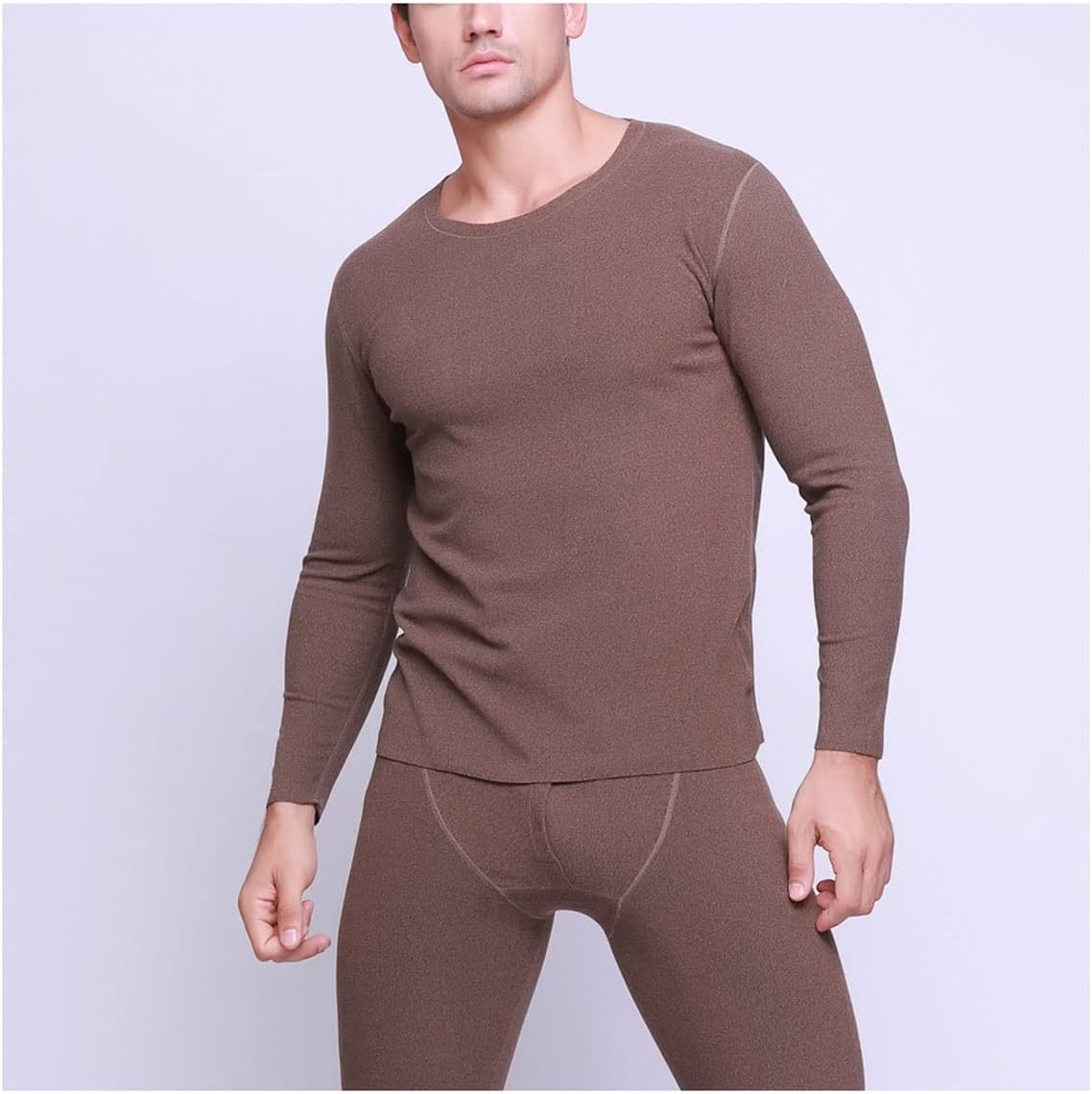 Men's Thermal Underwear Set， Crew Neck Warm Base Layer Top & Bottom Lightweight for Workout Skiing Running Hiking (Color : Coffee, Size : XX-Large)