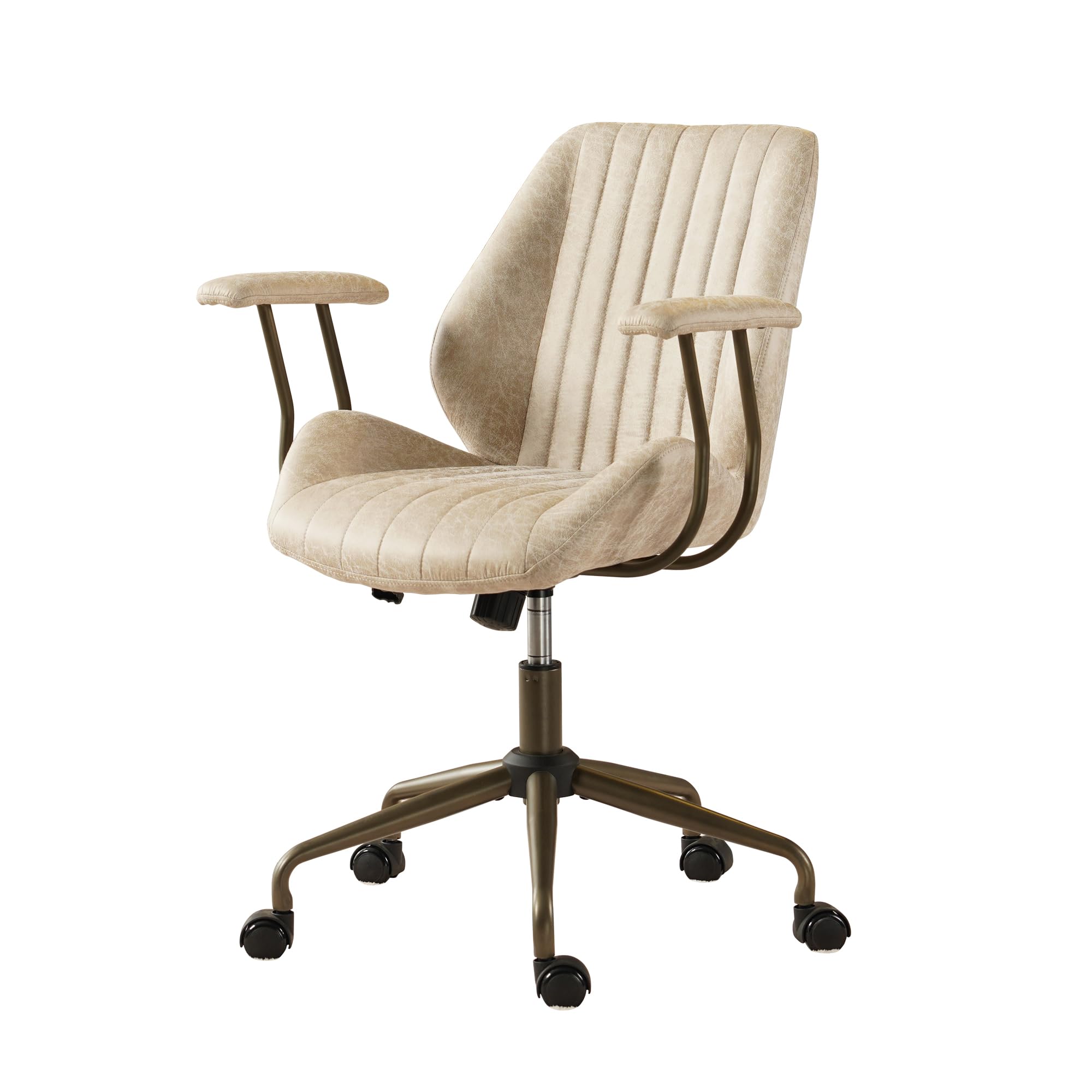 ovios Ergonomic Home Office Chair, Mid-Century Modern Leather Chair, Mid Back Swivel Rolling Executive Chair with Armrest Wheels, Comfy Task Computer Desk Chair (Beige, Suede Leather)
