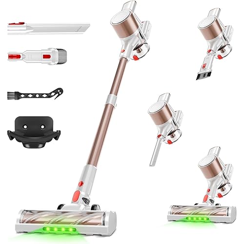 Cordless Vacuum Cleaner, 500W/40Kpa Vacuum Cleaners for Home, Stick Vacuum Cordless with LED Display, Anti-Tangle & Wall Mount, 8 in 1 Lightweight Vacuum for Hard Floors Pet Hair(Gold)