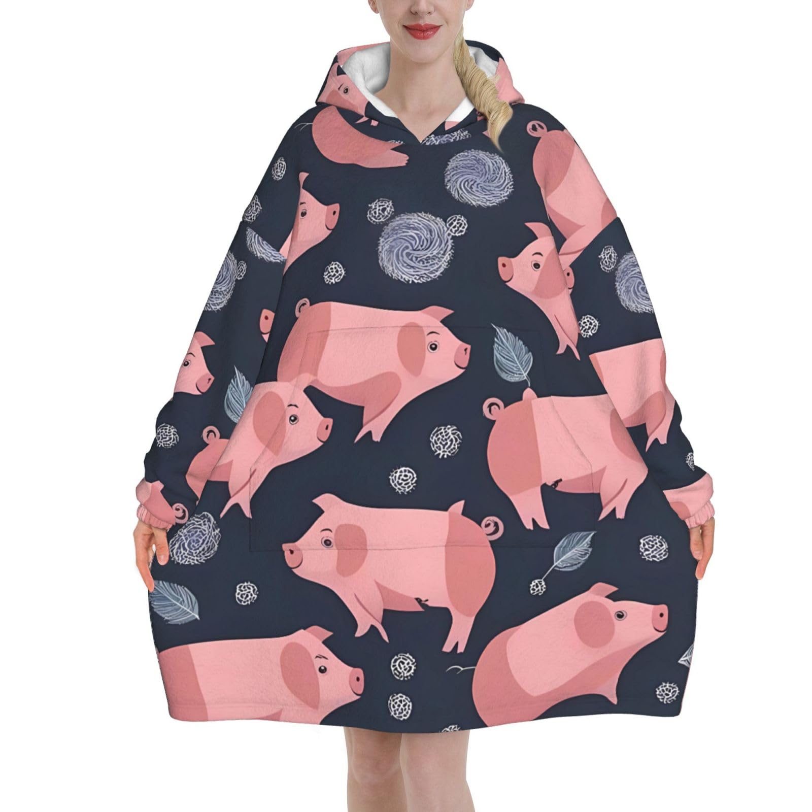 Cute Pigs,Women's Oversized Wearable Blanket Hoodie, Blanket Sweatshirt,Flannel Pullover Blanket