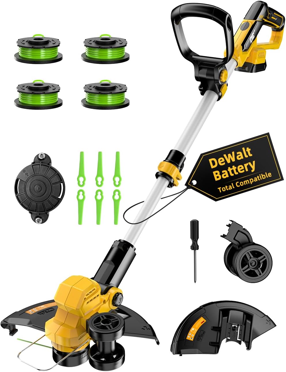 Cordless Weed Wacker, for Dewalt 20V Battery, 3 in 1 Battery Powered Weed Eater & Edger & Mower w/Auto Line Feed, 20000 RPM 12 Inch Electric Grass Trimmer, 6 Blades & 4 Spools String Trimmer for Lawn