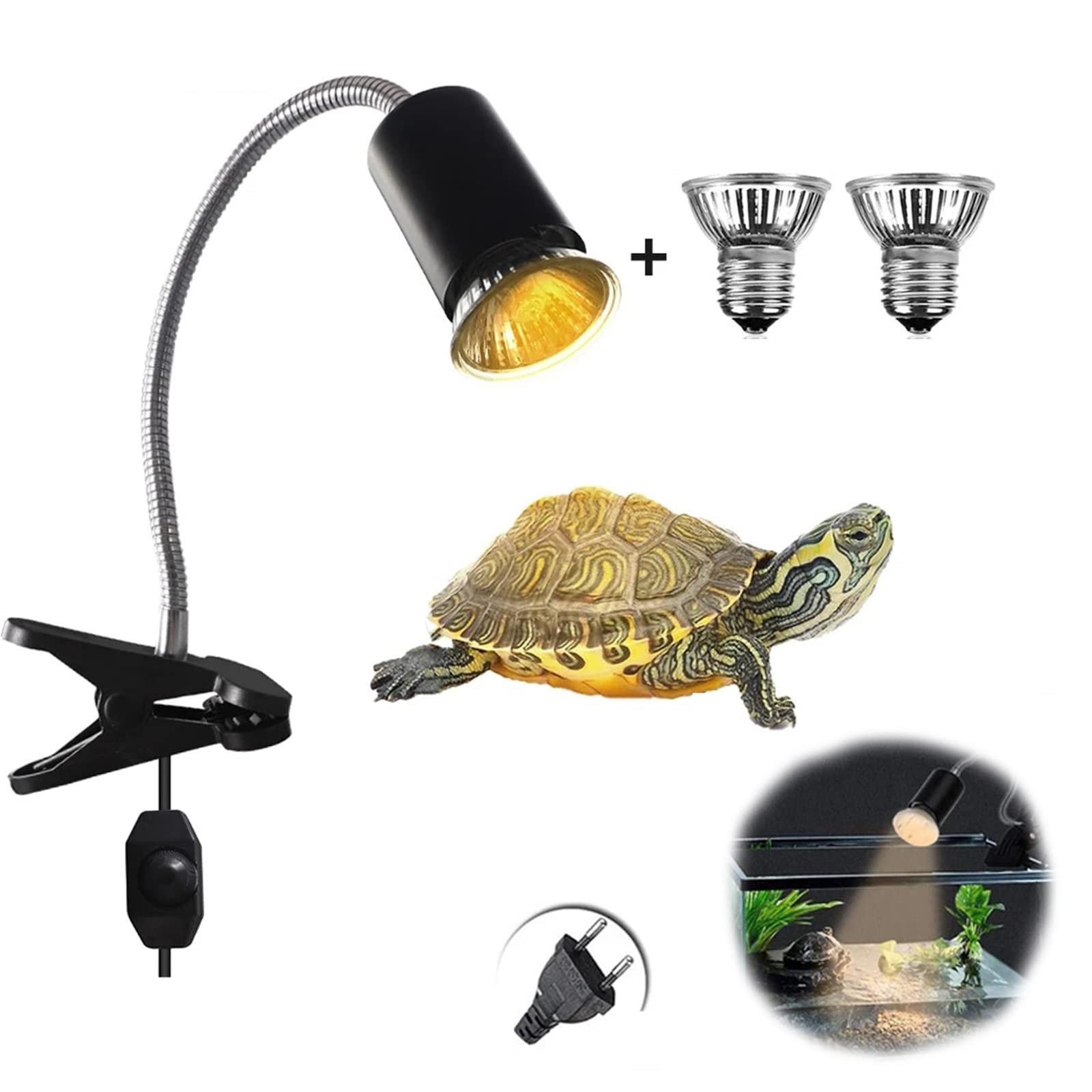 NEWFUN lampa grzewcza dla gadów, lampa dla żółwi z klipsem, lampa grzewcza do terrarium, z 2 żarówkami UVA UVB 50W i obrotowym mocowaniem 360°, do gadów akwariowych, jaszczurek, żółwi, płazów itp