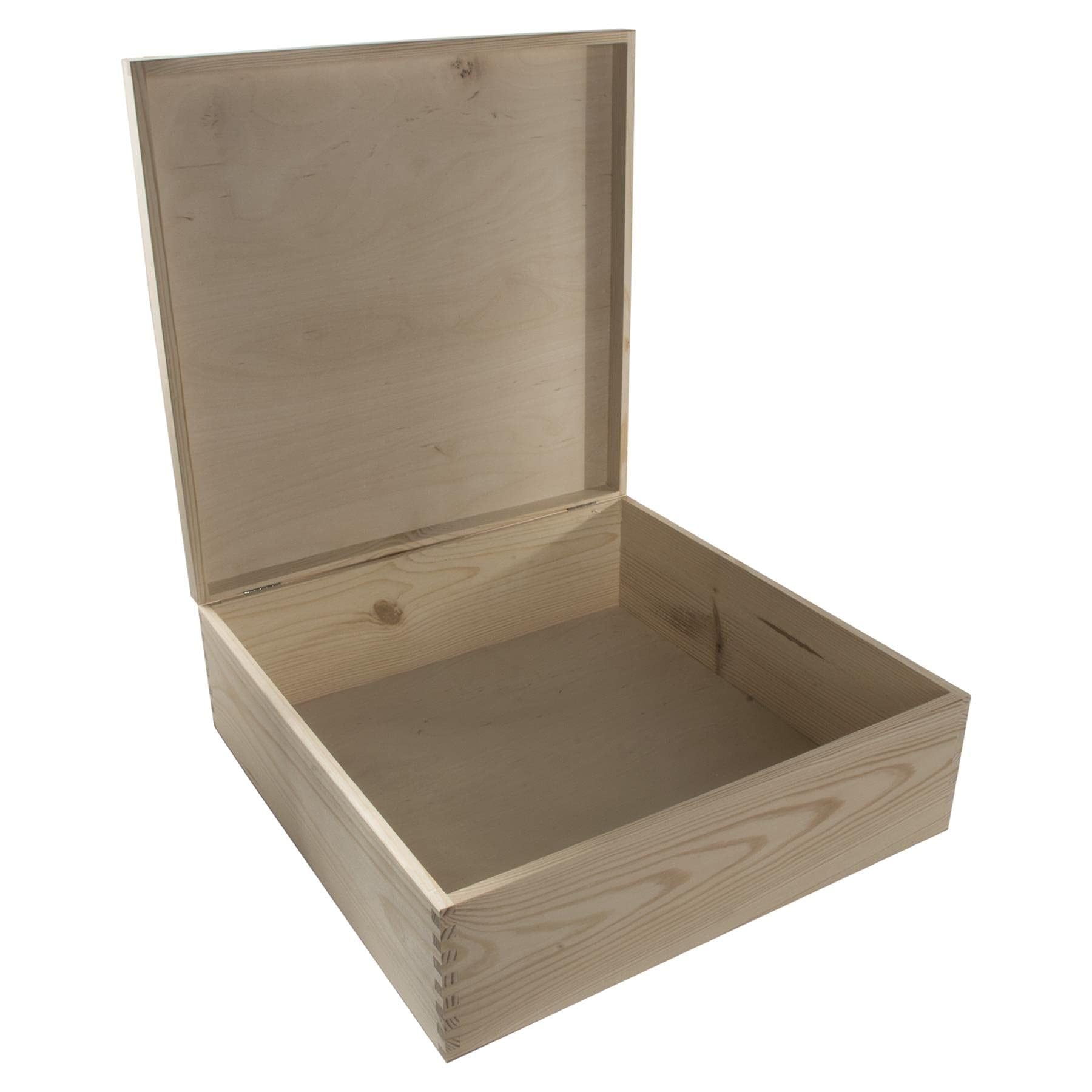 Woodeedoo Light Brown Extra Large Square Wooden Storage Box With Hinged Lid - 40 X 40 X 13.5 Cm – Deep Unfinished Pine Case For Crafts Keepsakes Documents Memory Storage