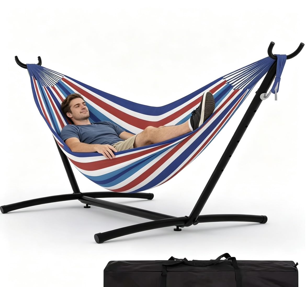 450Lbs Hammock with Stand for Outdoor, Portable Polyester-Cotton Double Hammock with Iron Frame, Storage Bag for Garden, Indoor, Patio, Yard, Blue, White & Red Stripes