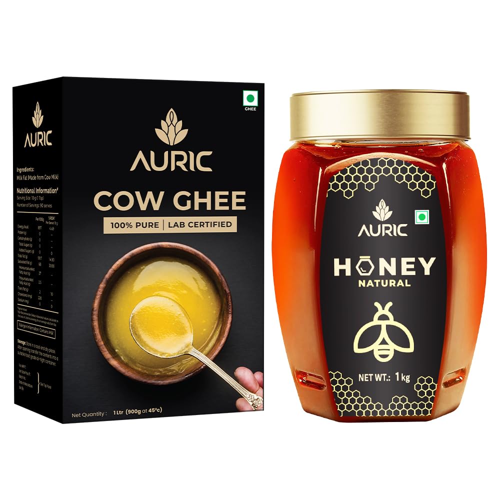 Auric Combo Lab Certified Cow Ghee 1L & Pure1Kg Honey Crafted from Multi-Flower Sources - 100% Pure and Natural - Helps Keep Your Heart Healthy | Boost Immunity & Energy