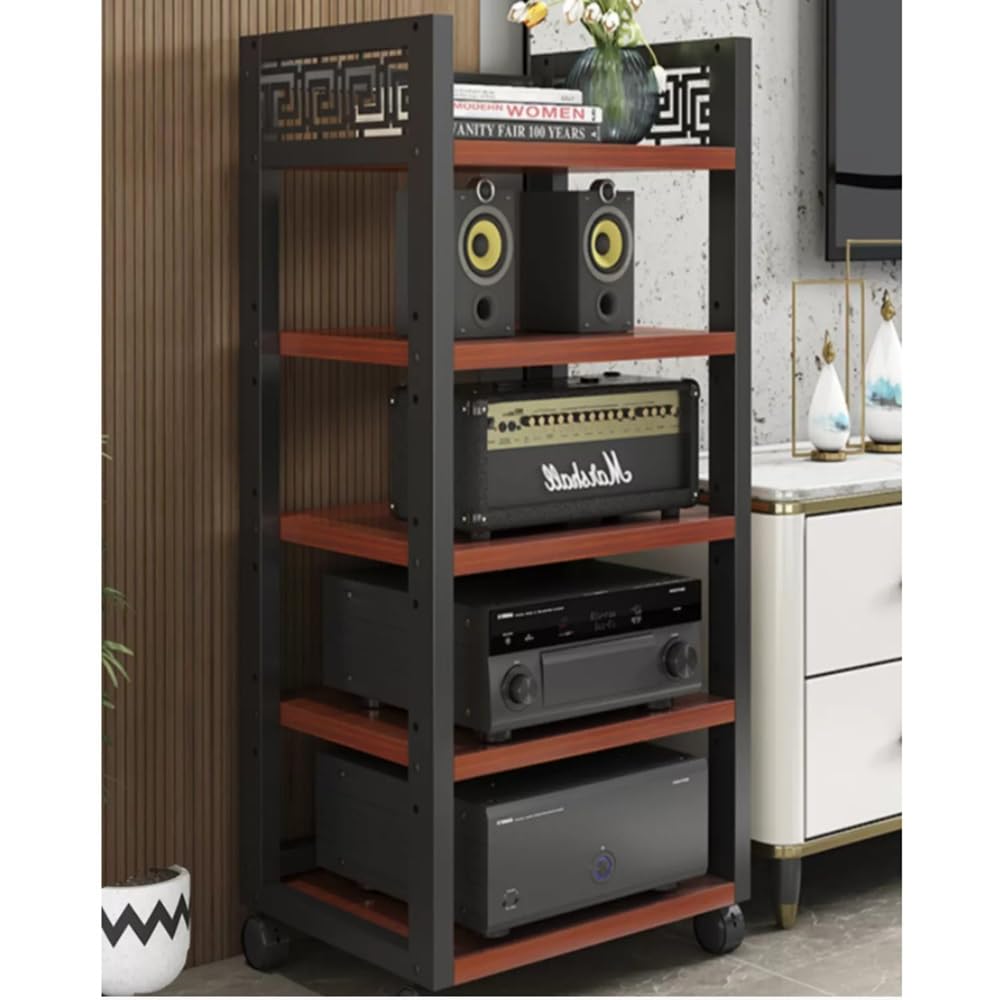 Teak Audio Rack5Tier Stojak na nośniki Rolling Media Regulowany AV Komponent Wieża Kino domowe i Salon Przechowywanie Odtwarzacz CD i sprzęt