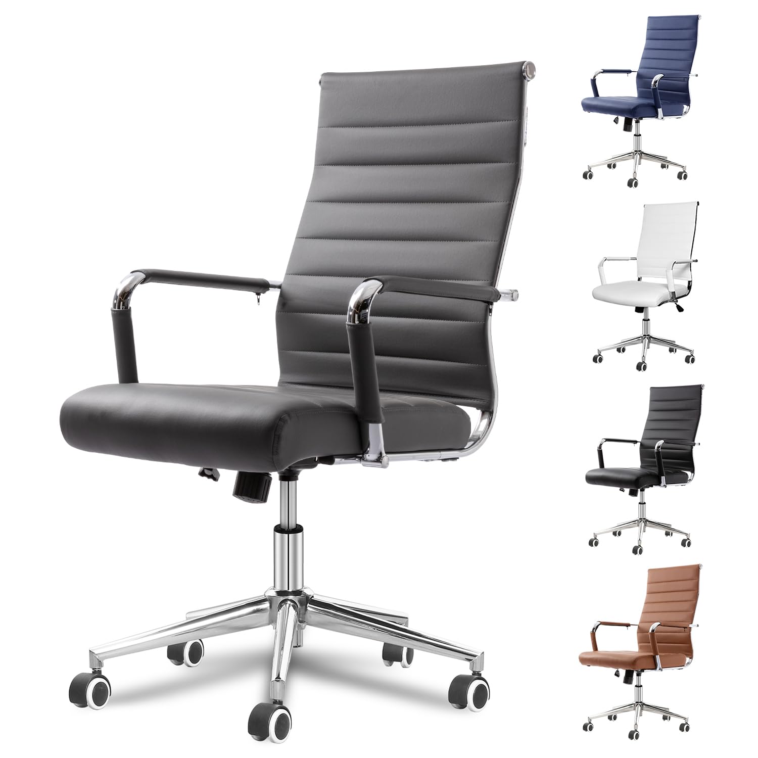 Okeysen Grey Office Desk Chair, Ergonomic Leather Modern Conference Room Chairs, Executive Ribbed Height Adjustable Swivel Rolling Chair for Home Office.