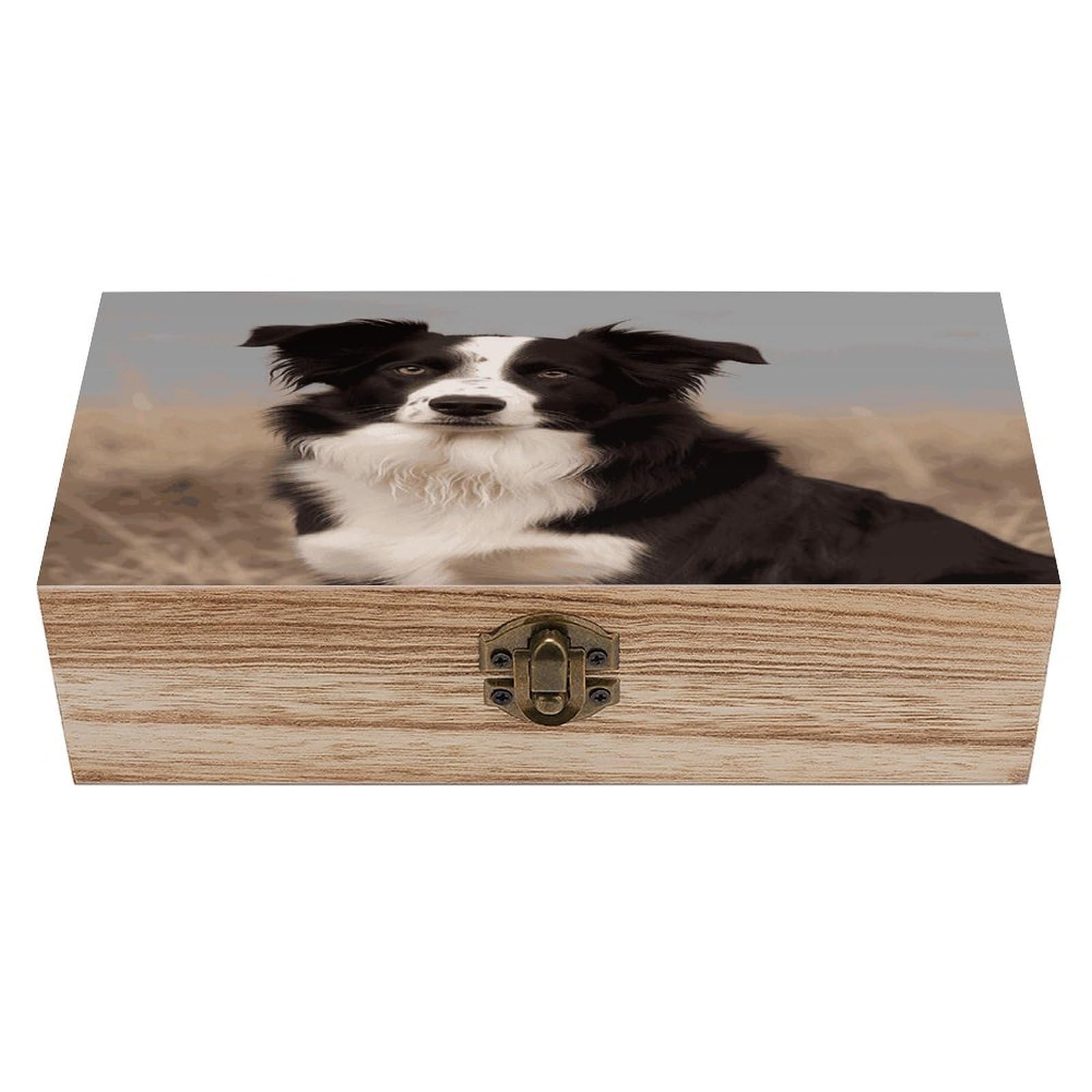 VstaDank Border Collie Wooden Box with Hinged Lid Handmade Wooden Jewelry Boxs Organizer Personalized Woodens Keepsake Box for Pictures Wedding Photo Jewelry Decorative Chest Rustic Crate