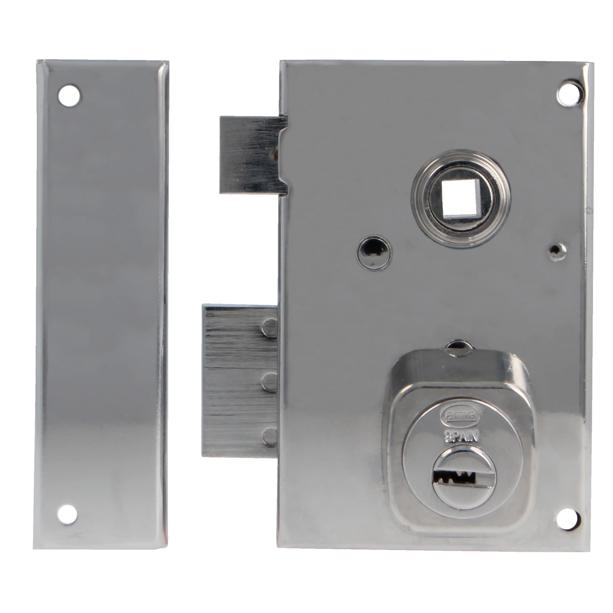 Amig - Serratura a Sovrapposizione Sinistra con Leva di Chiusura, Linguetta e Quadretto per Porte in Legno Mod. 75N - 72 x 112 mm - Cilindro rotondo di sicurezza - Acciaio argentato