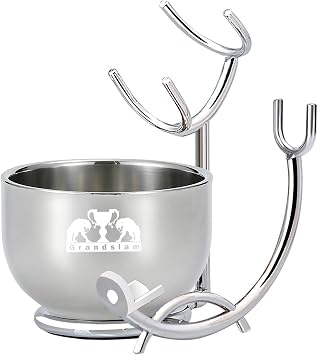 Grandslam Razor & Brush Stand with Double Stainless Steel Bowl Set for Shave Soap, Safety & Straight Razors, Silver