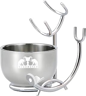 Grandslam Shaving Razor and Brush Stand with Shaving Soap Bowl Set | Stainless Steel Shaving Mug and Brush Holder for Shaving Brush and Straight Razors, Barber Razors, Safety Razors, Silver