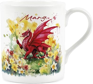 Purely Home Customisable Small Daffodils & Dragon Welsh Mug - Personalised Floral Wales Souvenir Gifts - 250ml Bone China Tea/Coffee Mug Present for Friends & Relatives