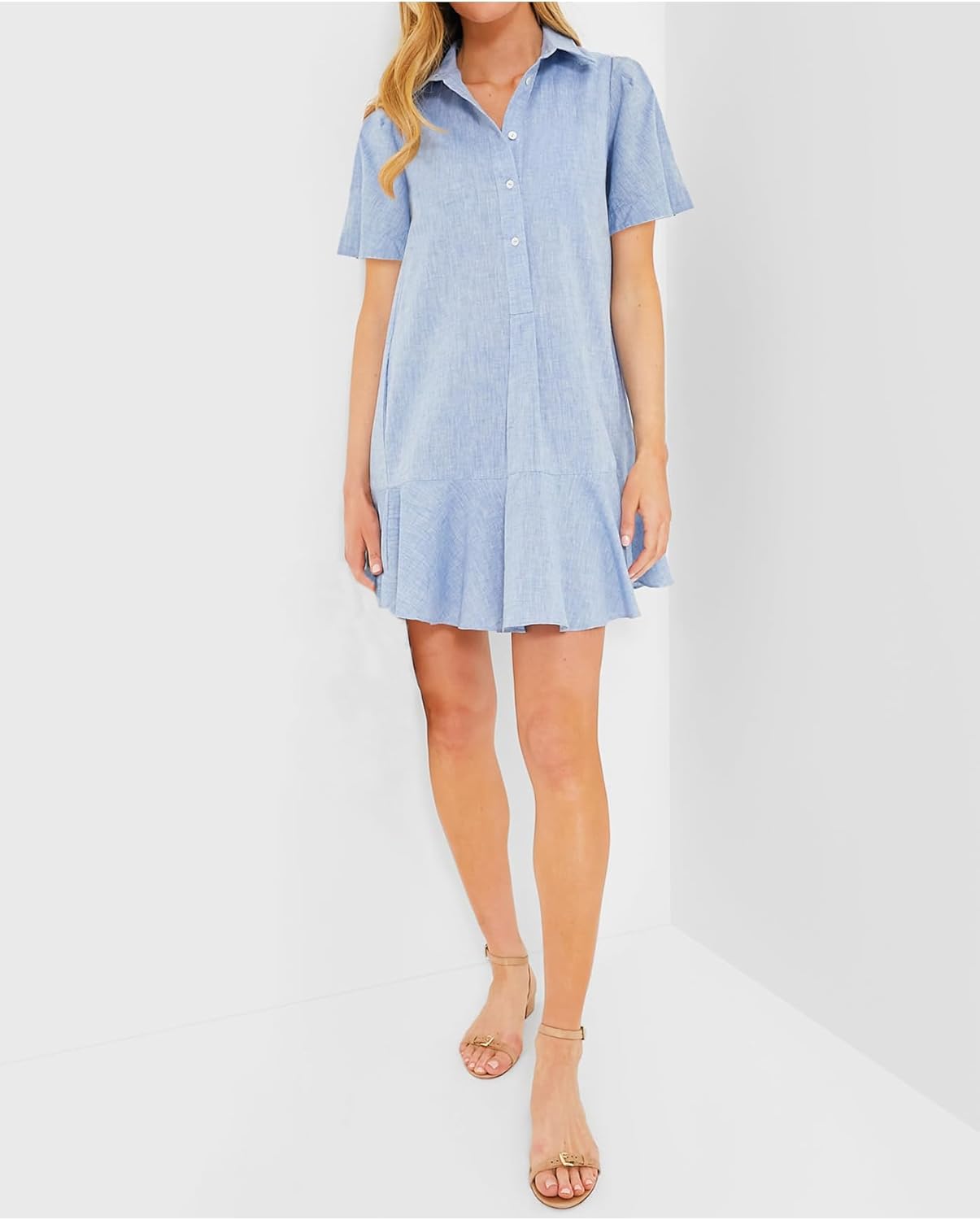 Women's Button Down Shirt Dress Summer Casual Short Sleeve Cotton Linen Ruffle Shift Mini Dresses - Image 6