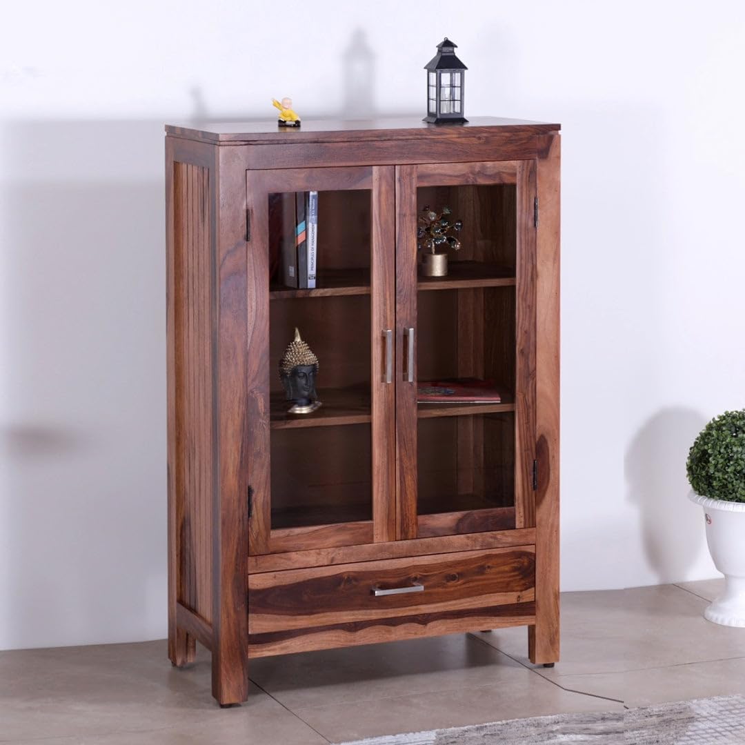 MADE WOOD Sheesham Wood Glass Cabinet with Drawer, Natural Finish Storage Unit for Living Room, Study & Dining, Solid Wood Display Cabinet with Glass Doors-image-13