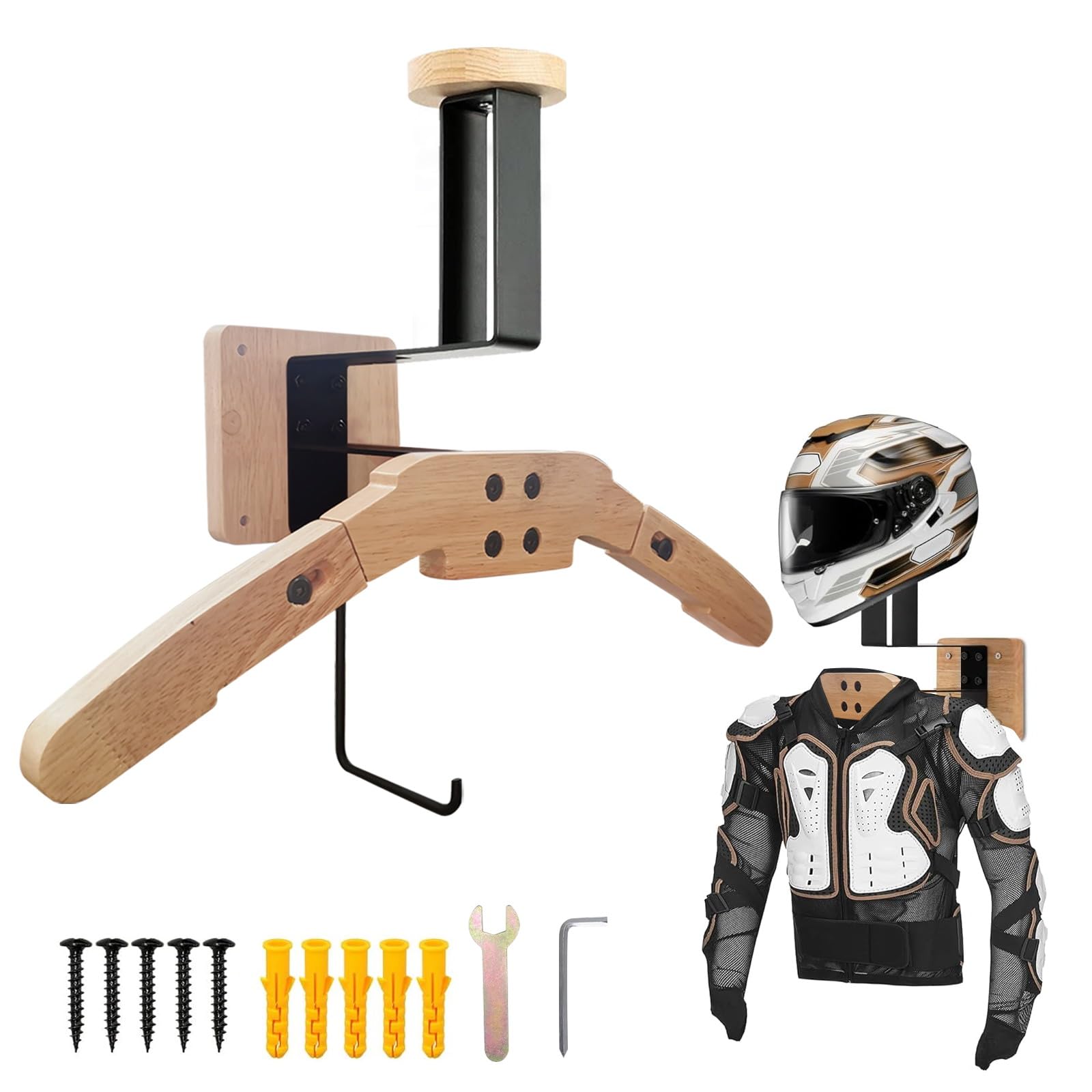 Porta Casco Moto da Parete,Porta Casco Moto in Legno e Metallo Struttura di Ancoraggio a Parete per Motociclette, Calcio, Sci e Tattico(con viti di espansione)