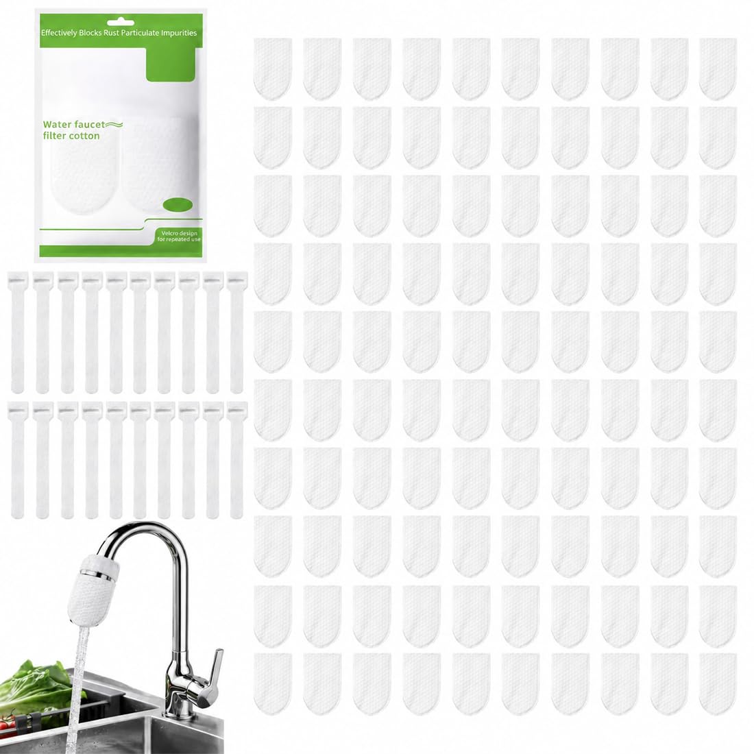 KZUDZE 100 Pieces Filter Bag,Faucet Filter Cotton Bag,With 20 Pieces Straps,Splash-Proof Non-Woven Material,Household Water Purification Accessory,For Home and Bathroom Daily Use