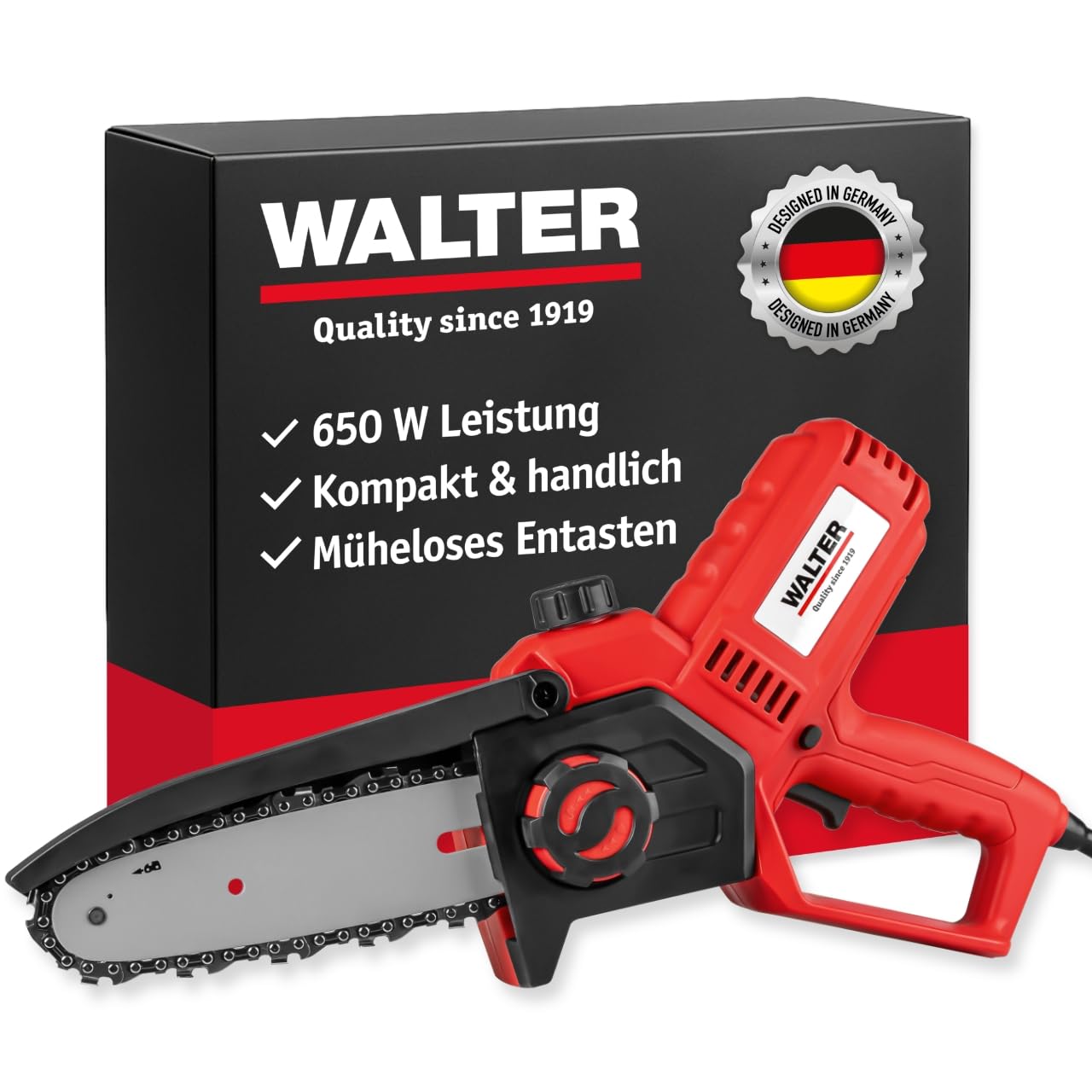 WALTER Kompakte Mini Kettensäge Elektro 650W, 20 cm Schwert, Astsäge