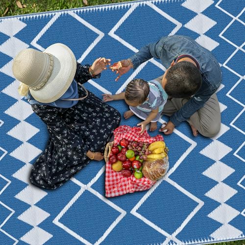 Image of Outdoor Reversible Rugs, Plastic Straw Area Mats, Modern Large Floor Rugs for RV, Patio, Backyard, Deck, Picnic, Beach, Trailer, Camping (Navy & White, 6'x9')