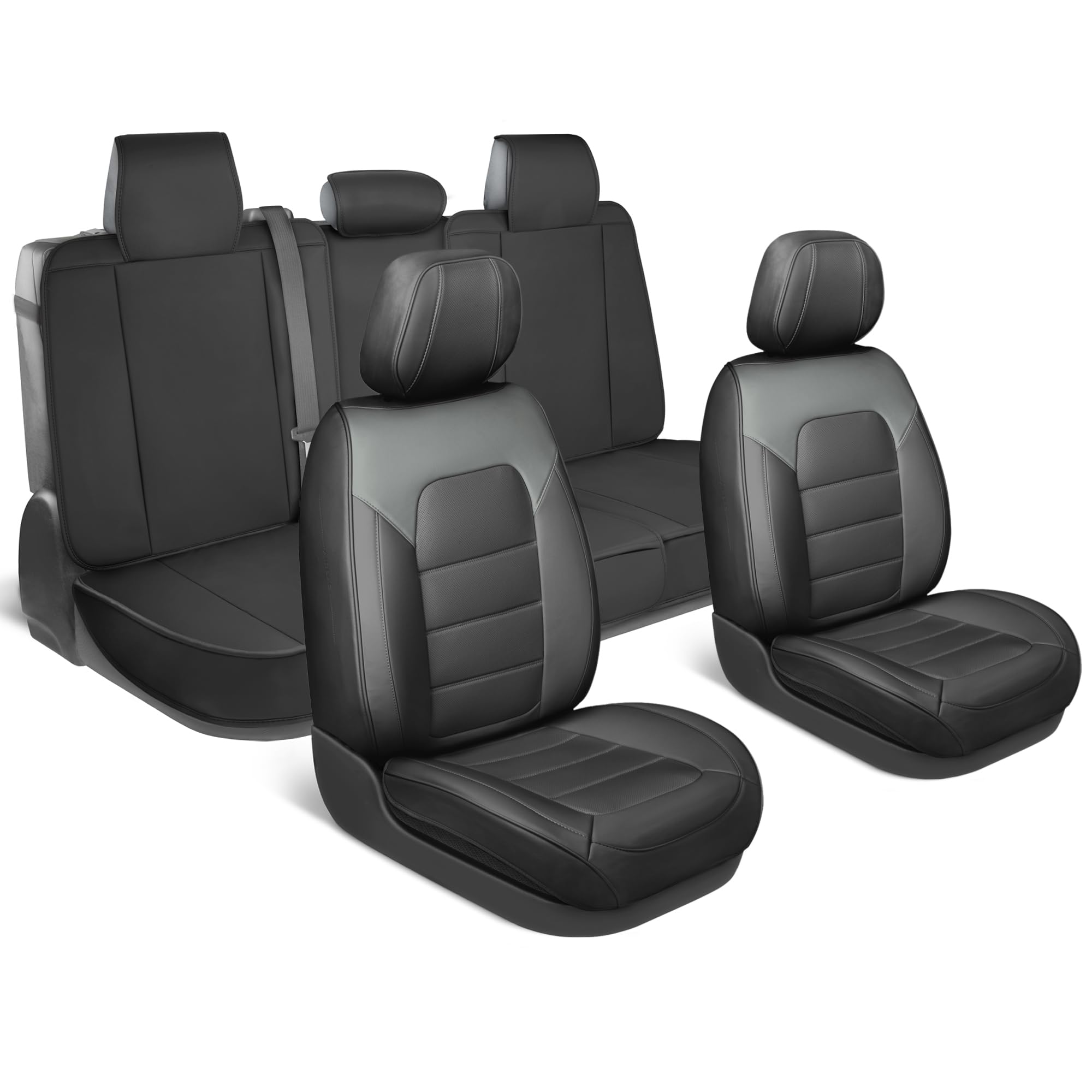 MotorBox Deluxe Edition Napa Leather Seat Covers Full Set – Black & Gray Car Seat Covers Front Seats and Back Car Seat Protector, Waterproof and