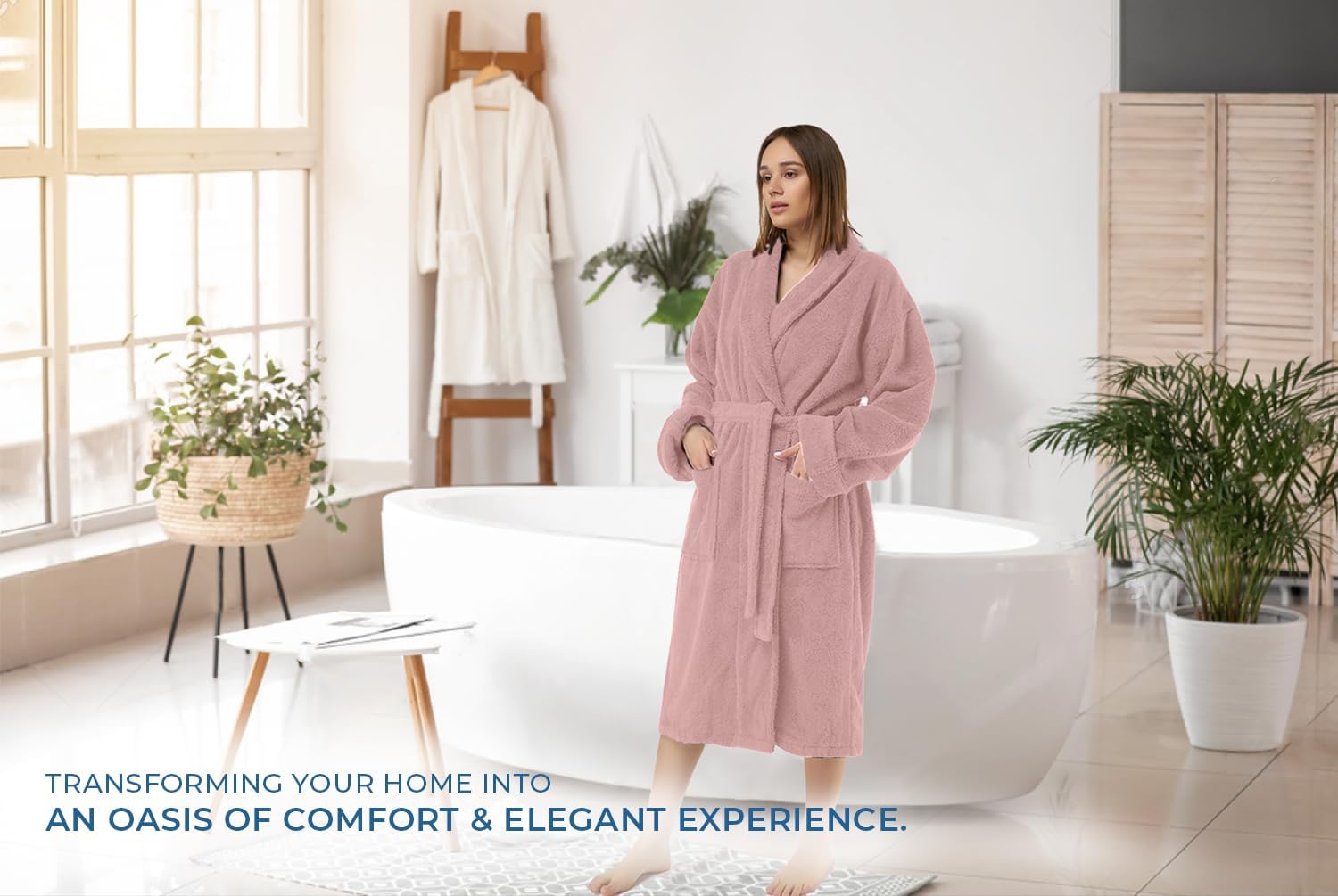 DAN RIVER 2-Piece Bundle - 1 Cotton Bathrobe & 1 Oversized Bath Sheet (40x80 Inches, 550 GSM) - White & Dusty Rose