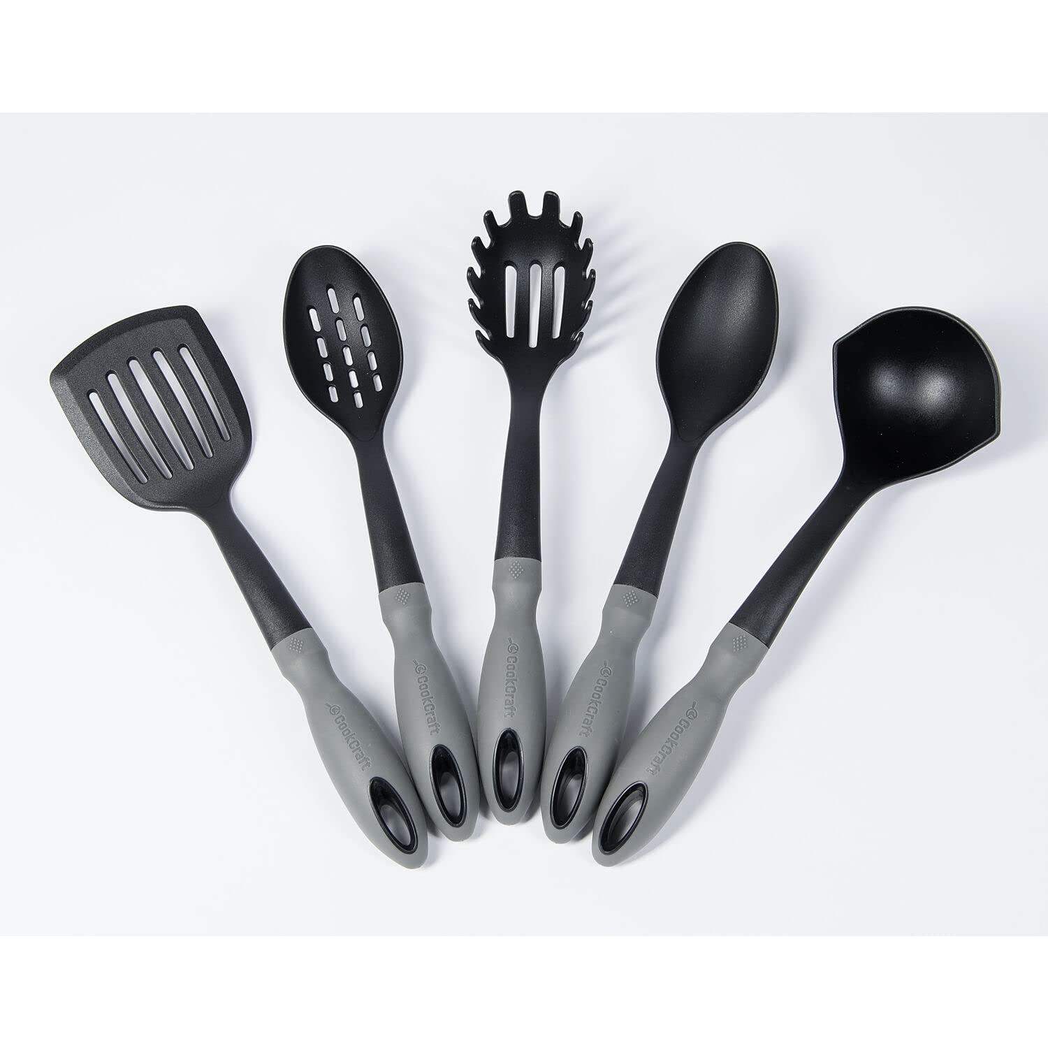 CookCraft 5-Piece Utensil Set-Slotted, Ladle, Spoon, Spatula and Pasta Server, Black/Gray