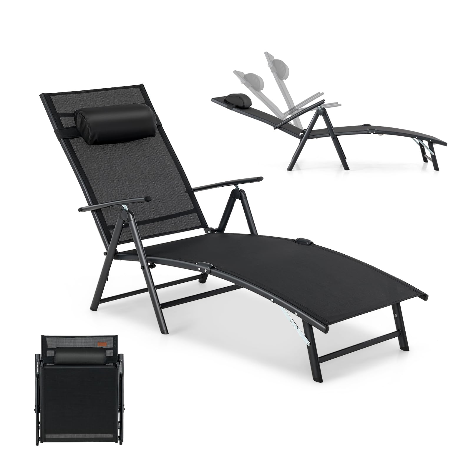 KOMFOTTEU Sedia a sdraio con poggiatesta, lettino pieghevole con schienale regolabile in 7 posizioni, carico 150 kg, sedia da esterno ergonomica con braccioli, 142 x 61 x 103 cm (nero)