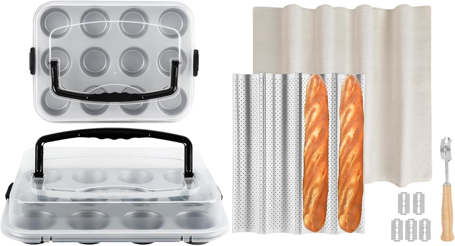 2-Pack 12-Cup Muffin Pan With Lid &4 Slot Baguette Pan Kit