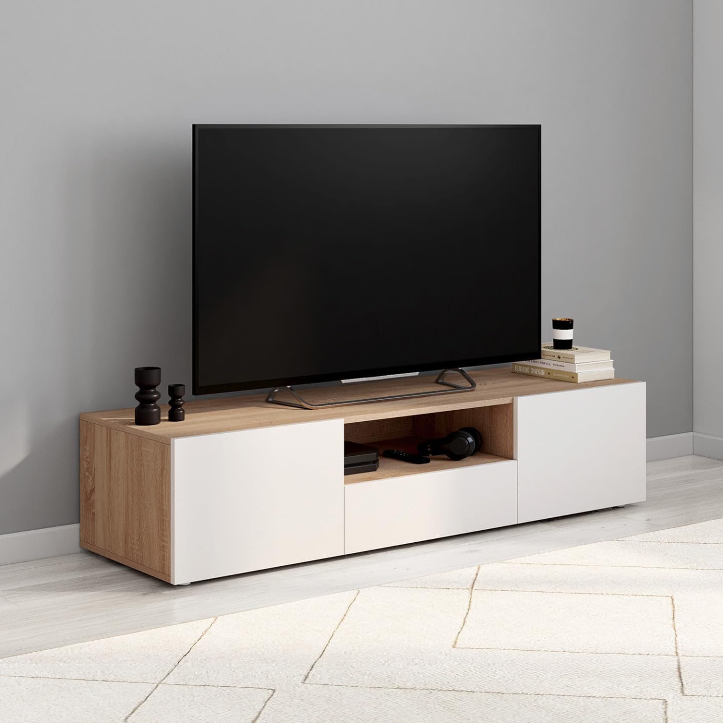 IDMarket - Meuble TV 140 cm ELI Bois façon hêtre Portes Blanches