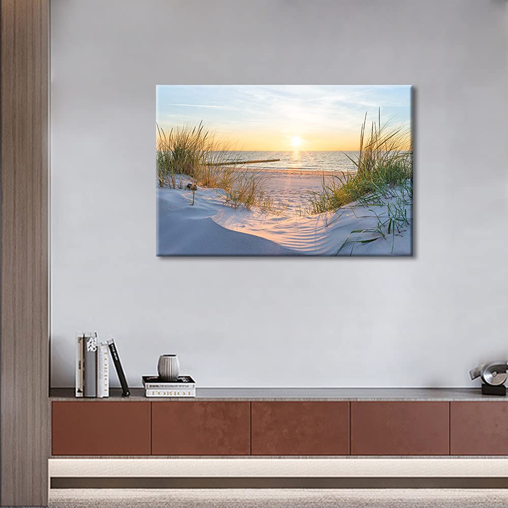 TISHIRON Wall Art Sandy Beach Sunrise Pictures Painting on Canvas Wall Art Modern Framed Seaside Canvas Prints Ready To Hang(24X16in) — view 5