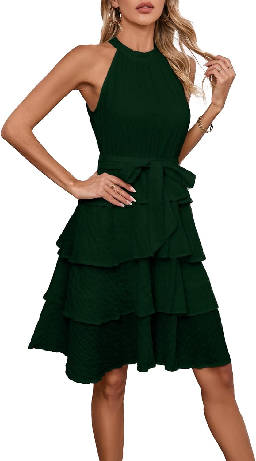 Women's Casual Sleeveless Tops Crewneck Layered Ruffle A Line Mini Dress - Image 4