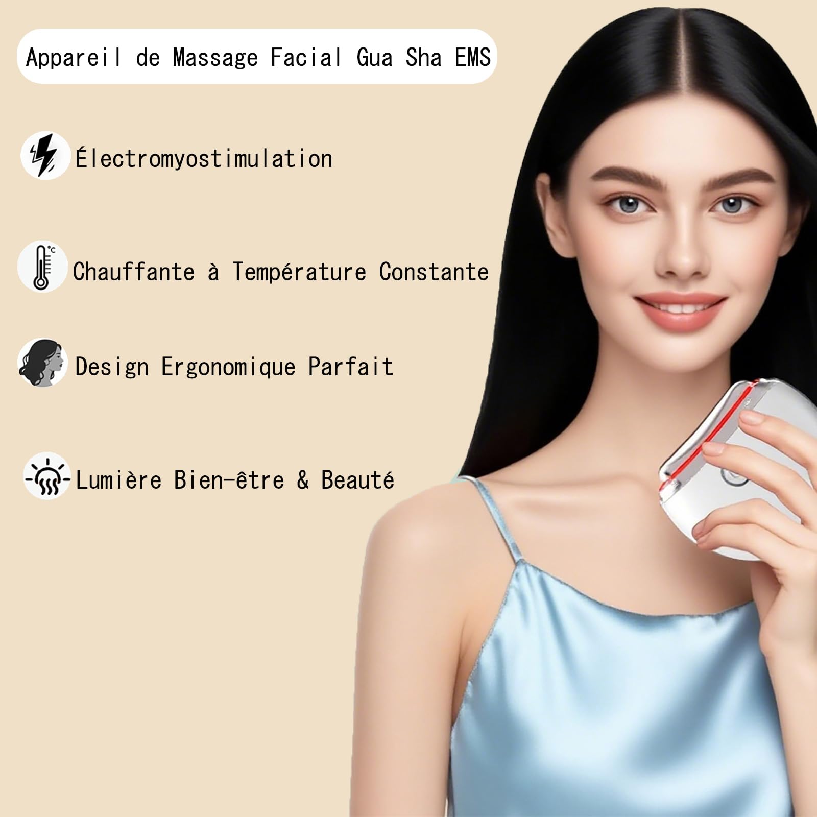 Gua sha Visage,Apaichang Appareil Anti-Rides Visage EMS Gua Sha - Massage Facial Électrique 4 Modes (Vibration/Chaleur/Lumières) Lifting & Anti-Âge