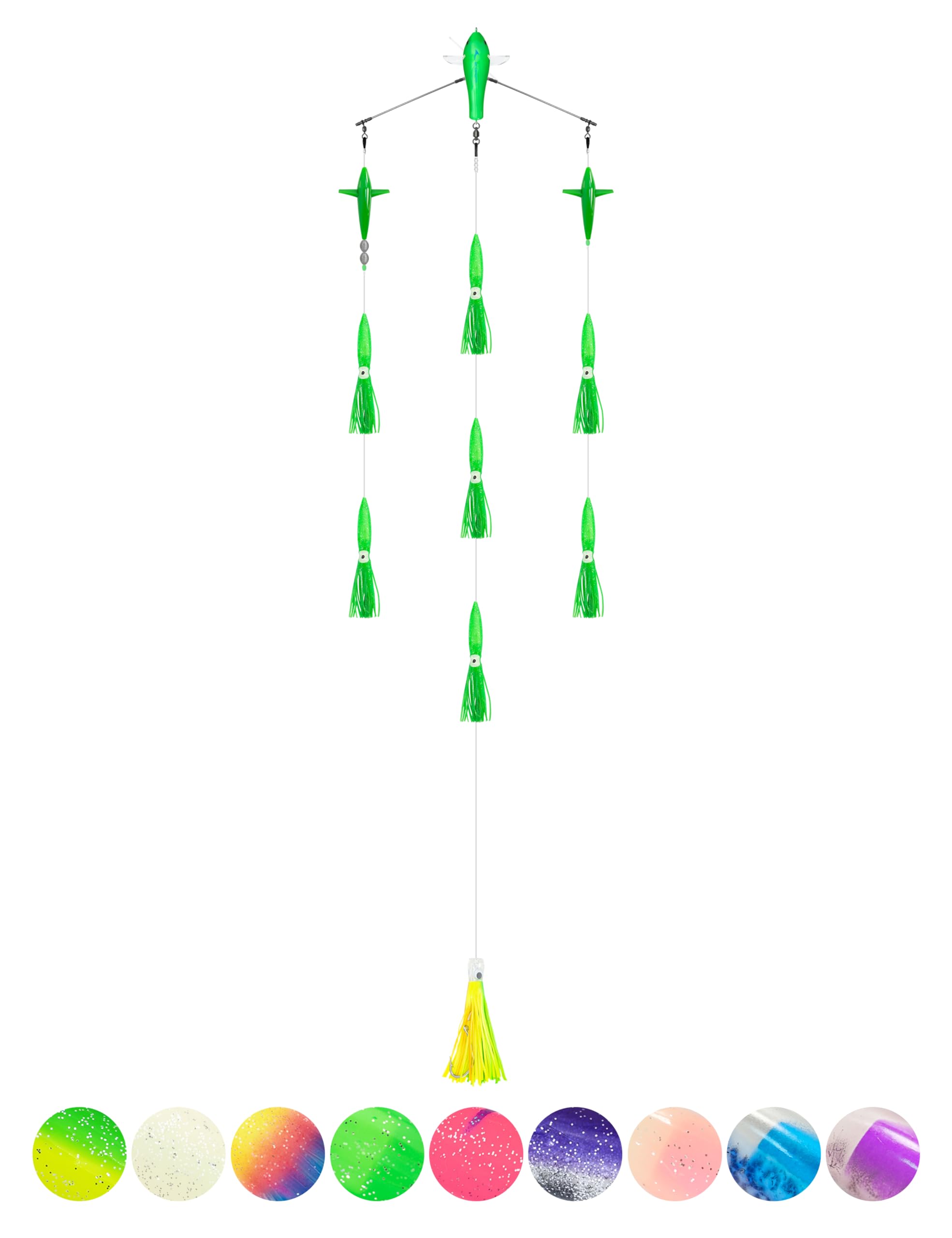 BLUEWING 18in Upgraded Fishing Spreader Bar Port Canyon with 9in Floating Squids, Trolling Birds, Big Game Trolling Lure and 316 Stainless Steel Rod for Wahoo Tuna Marlin Mahi Mahi, Green