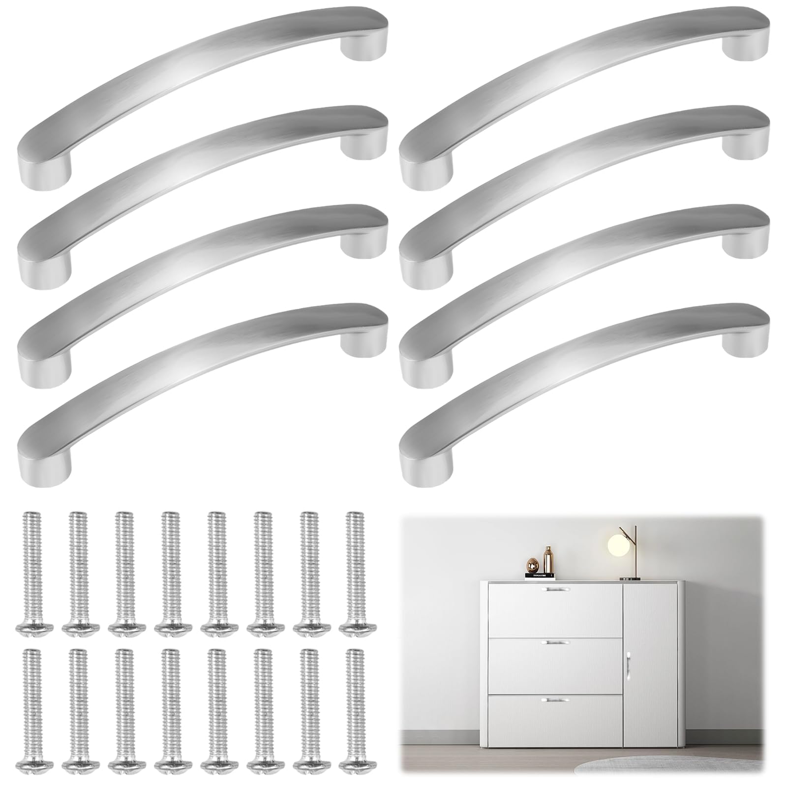8 Pieces Silver Cupboard Handles,Furniture Handles 96mm Hole Centre,Drawer Pulls Silver with 16 Screws, Aluminium Kitchen Door Handle,Stainless Steel Cabinet Pulls for Bedroom, Living Room, Bathroom