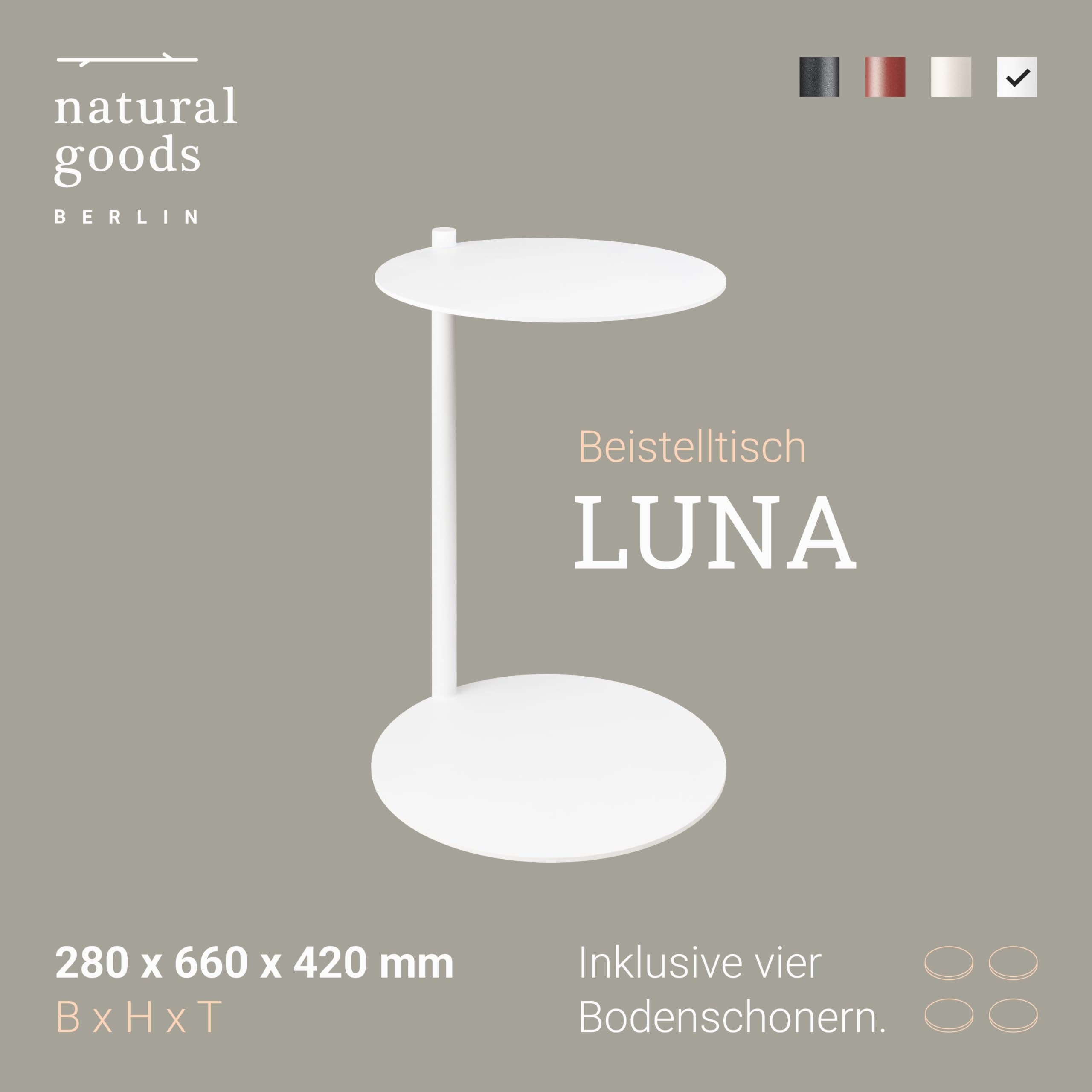 Natural Goods Berlin 1x Beistelltisch Luna - Beistelltisch Weiss Metall - Laptoptisch Für Couch 55cm hoch - Couchtisch Metall, Sofa Tisch Ablage - Nachttisch Klein, Couch Tisch Wohnzimmer, Sofa Table